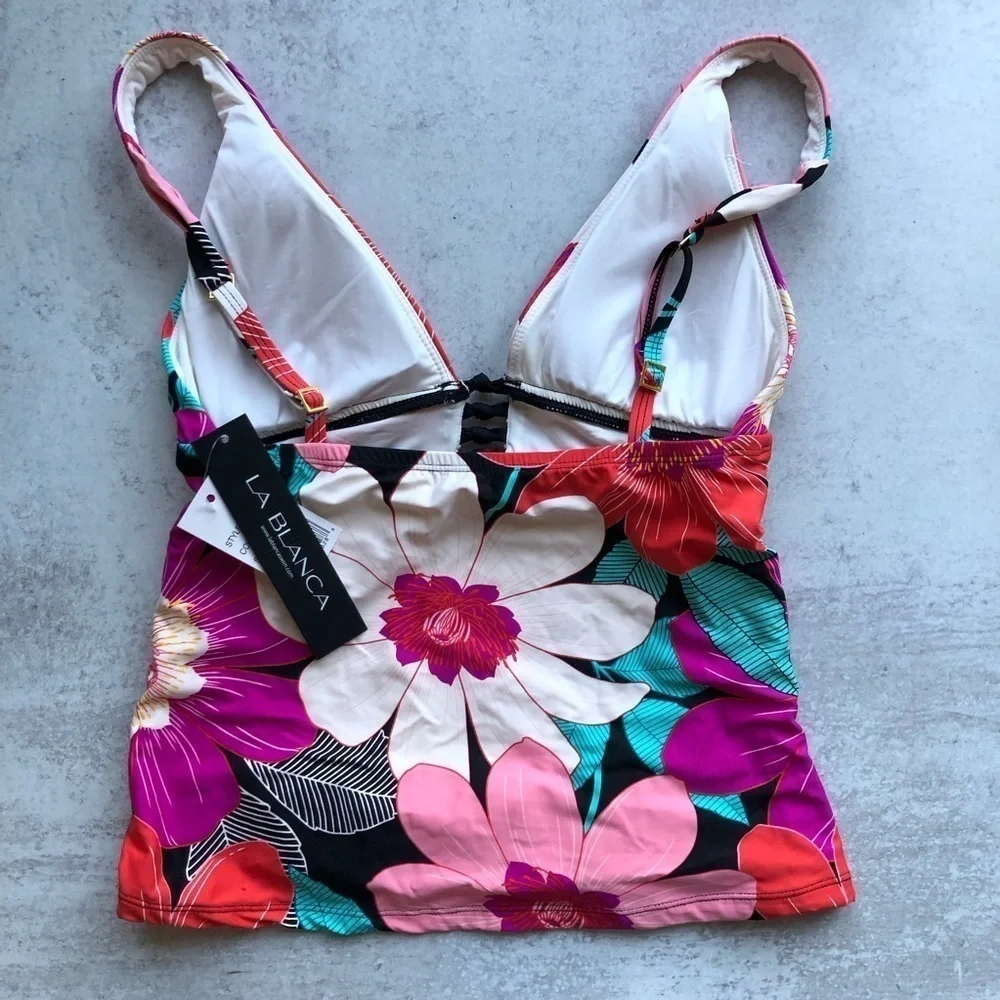 La Blanca Floral Plunge Knot Detail Tankini Top Pink Multicolored Size 4